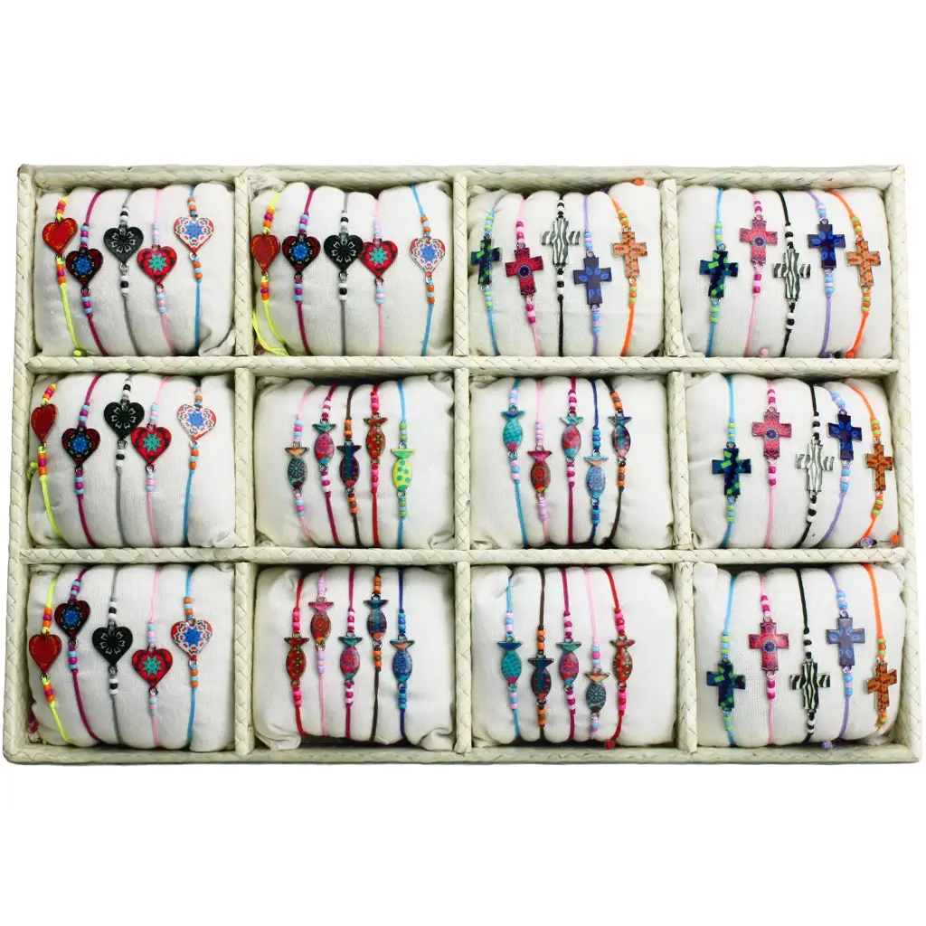 Présentoir avec 4x15 bracelet s/corde Fleur/Coeur/Ichtus/Croix émailé