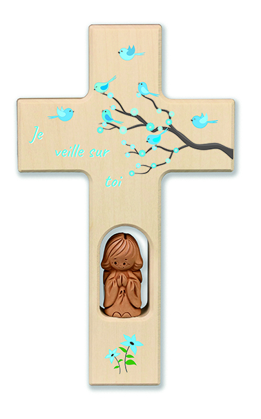 Holzkreuz/Engel mit Kristal/Blau - 'Je veille sur toi' (90x150mm)