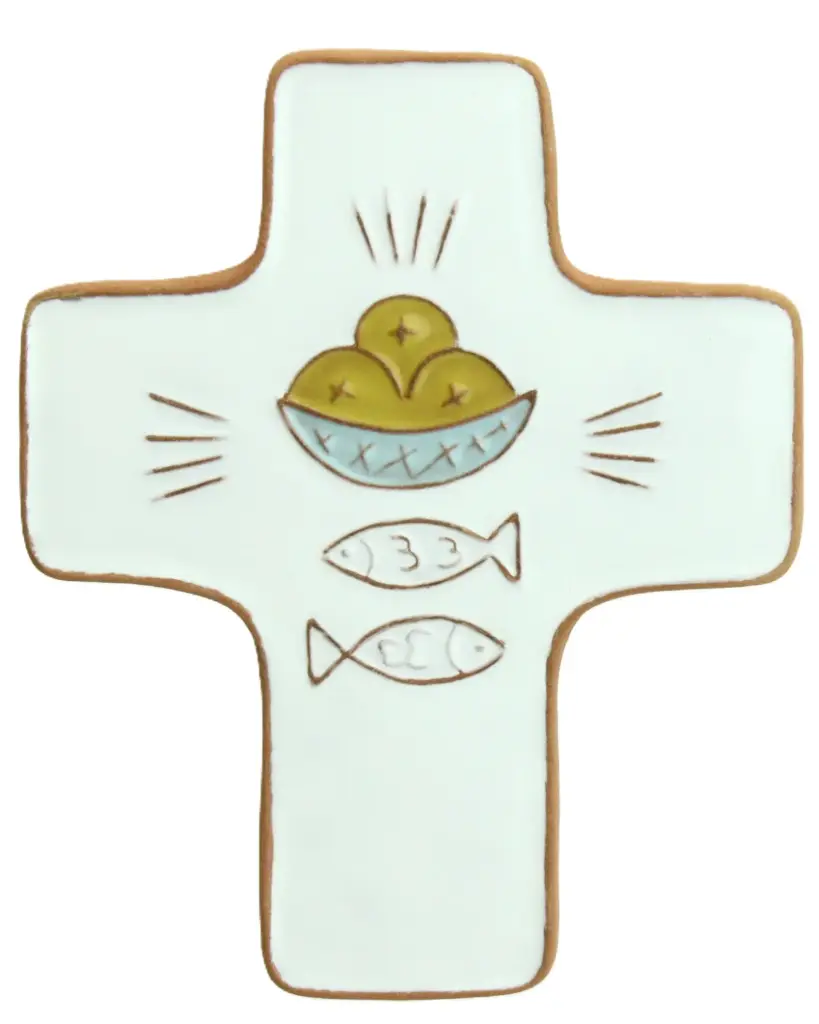 Croix  céramique - Pain & poissons - blanche (95x120mm)
