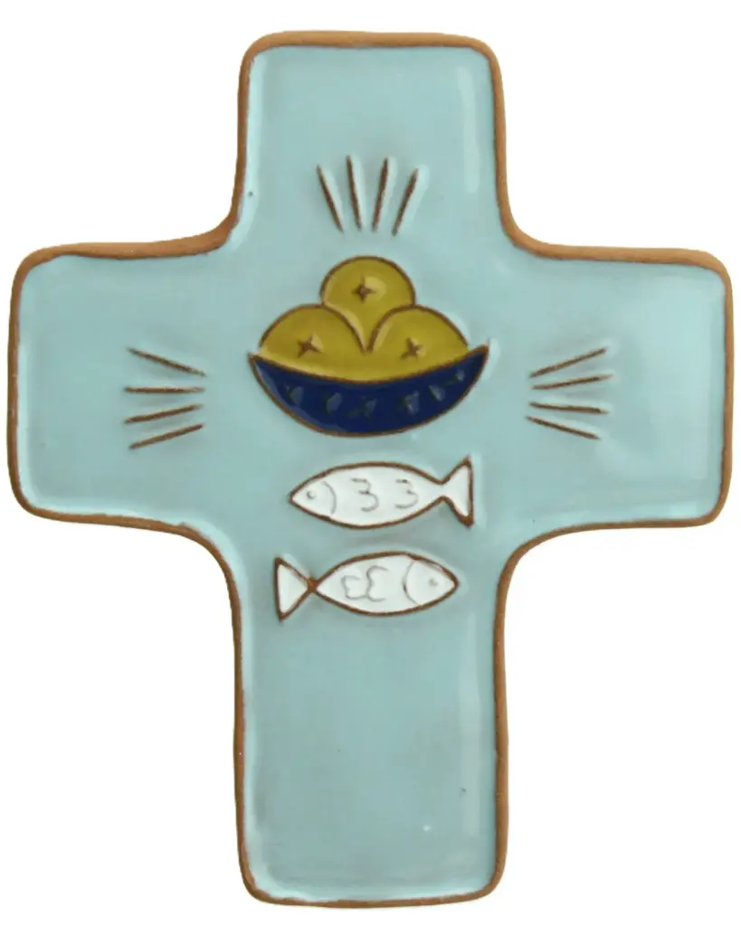 Keramik Kreuz - Brot & Fisch - Blau (95x120mm)