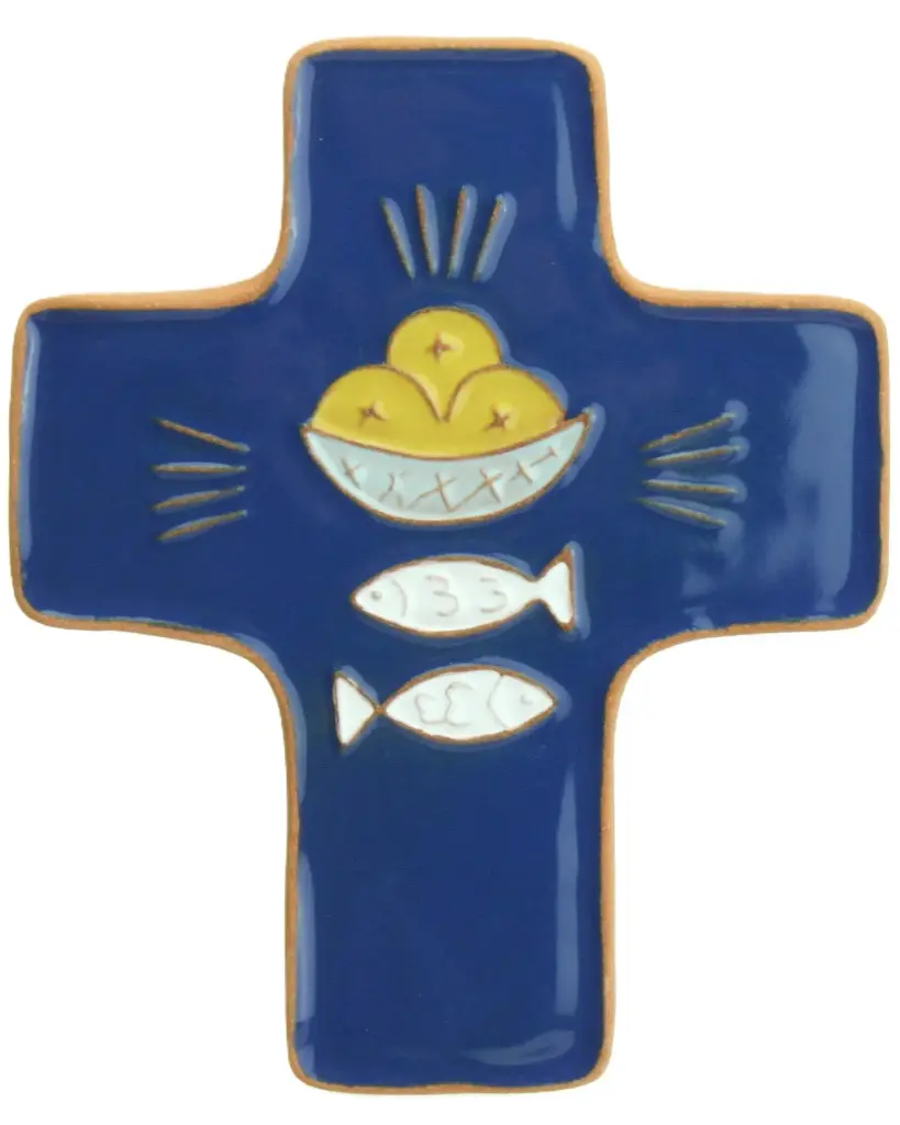 Croix  céramique - Pain & poissons - bleu foncée (95x120mm)
