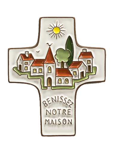 Croix  céramique - 'Bénissez notre...' - blanche (95x120mm)