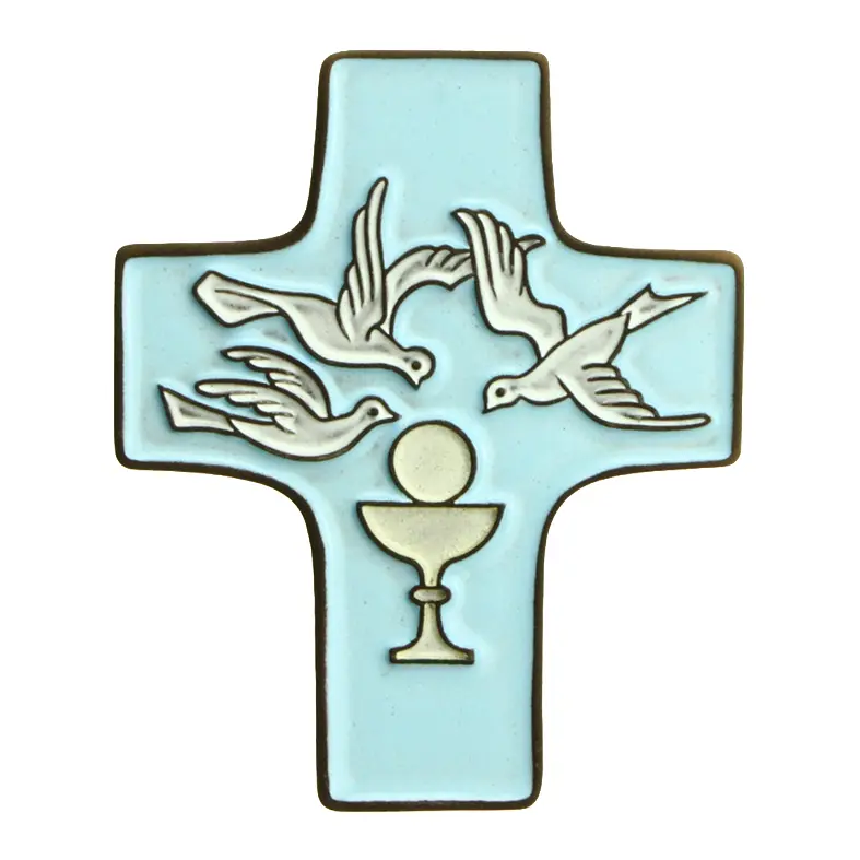 Keramik Kreuz - Kelch & 3 Taube - Blau (95x120mm)