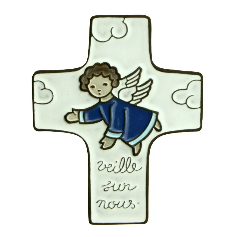 Ceramic cross - 'Veille sur nous' - Darkblue (95x120mm)