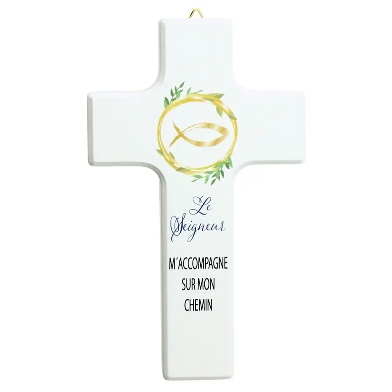 Croix enfant bois - 'Le Seigneur, m'accompagne...' - blanche (90x150mm)