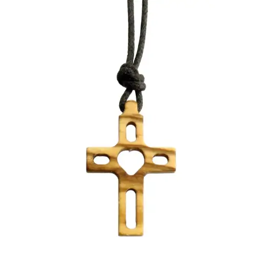 [KOK-35M05] Kreuz mit Kordel - Herz gross/geschnit - Olivenholz (20x30mm)