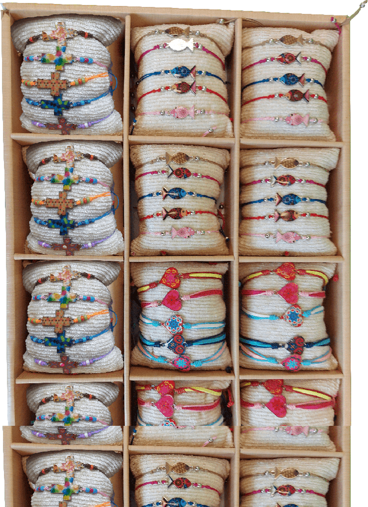 Display met 3x20 armbandjes Ichtus/Hartjes/kruisje geëmailee