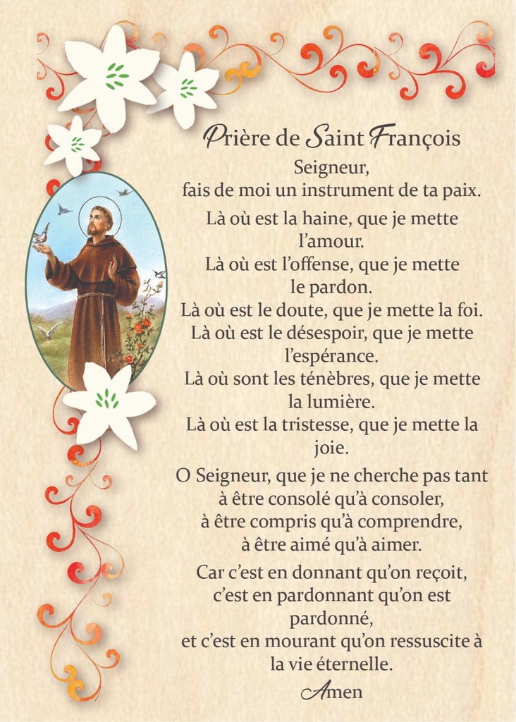 Carte en bois/magnet - 10x14cm - Prière de Saint-François