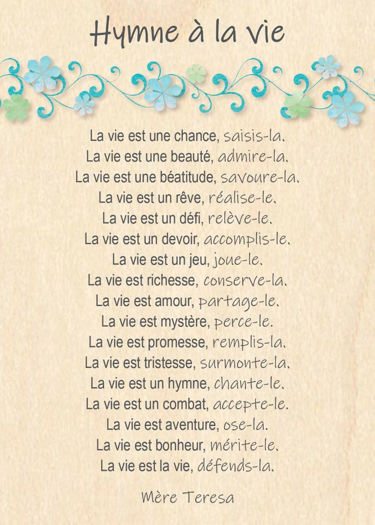 Wenskaart hout - 10x14cm - Hymne … la vie