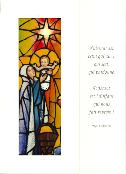 Kerstkaart/vitro-dubbel - OLV met kind + Tekst FR - cello+omslag (110x150mm)