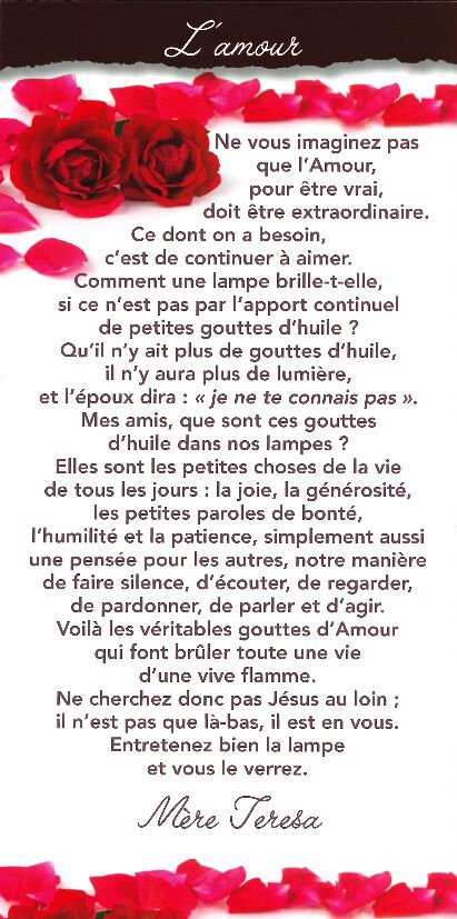 Tekstkaart 10,5x21cm + enveloppe - Amour/Mère Thérèse