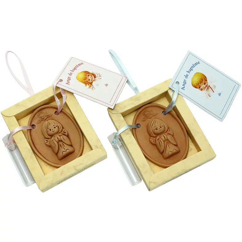 Baptisme angel in Terra cotta - yellow box/french text