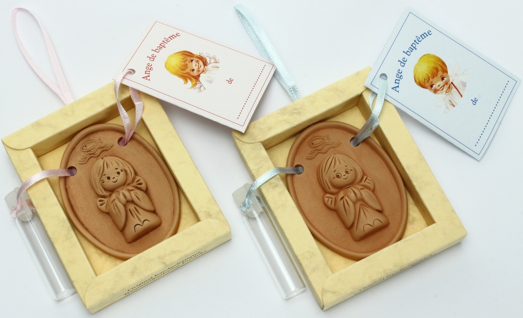Baptisme angel in Terra cotta - yellow box/french text