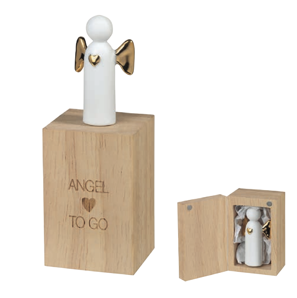Ange gardien avec coeur doré/trésor en bois - H 4cm - porcel