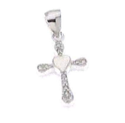 Croix coeur/pierre zircone blanche -Argent 925‰ rhodié (17x22mm)