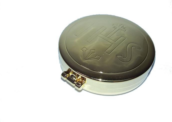 Hostiedoosje verguld met scharnierd eksel - IHS - D 55mm H 15mm