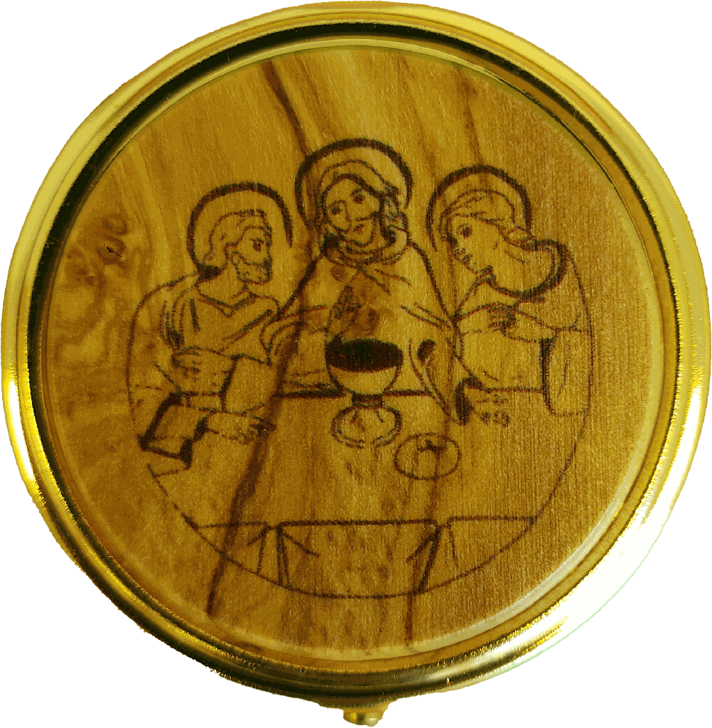 Hostiedoosje verguld/olijfhout - Laatste Avond - D 40mm