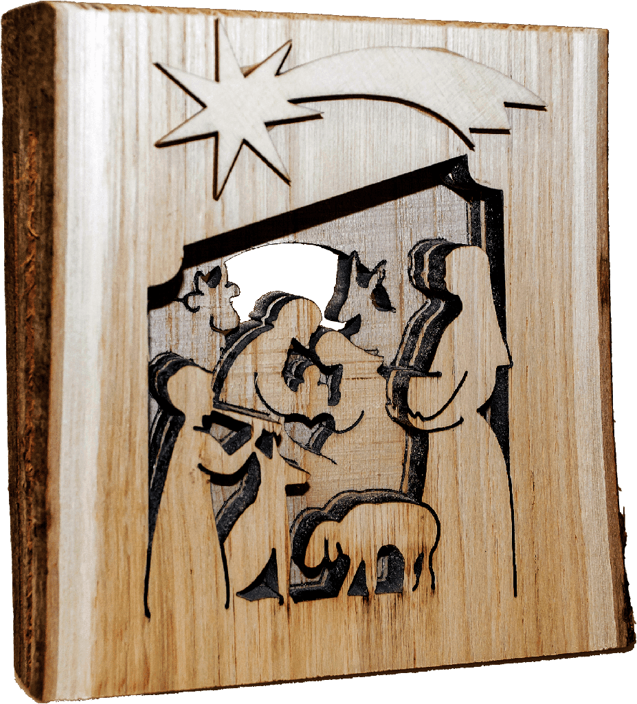 Plaque relief en bois crèche/comète - 11x10cm