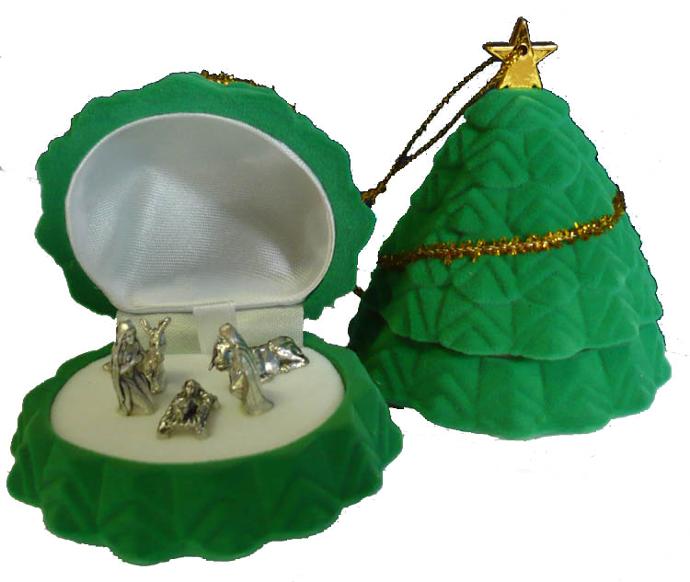 Fluwelen kerstboom 5x7cm - etui met kerstgroep