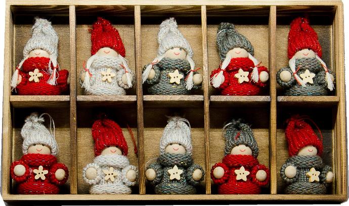 Kistje met 10 engeltjes assorti - H 6cm - hout/wol