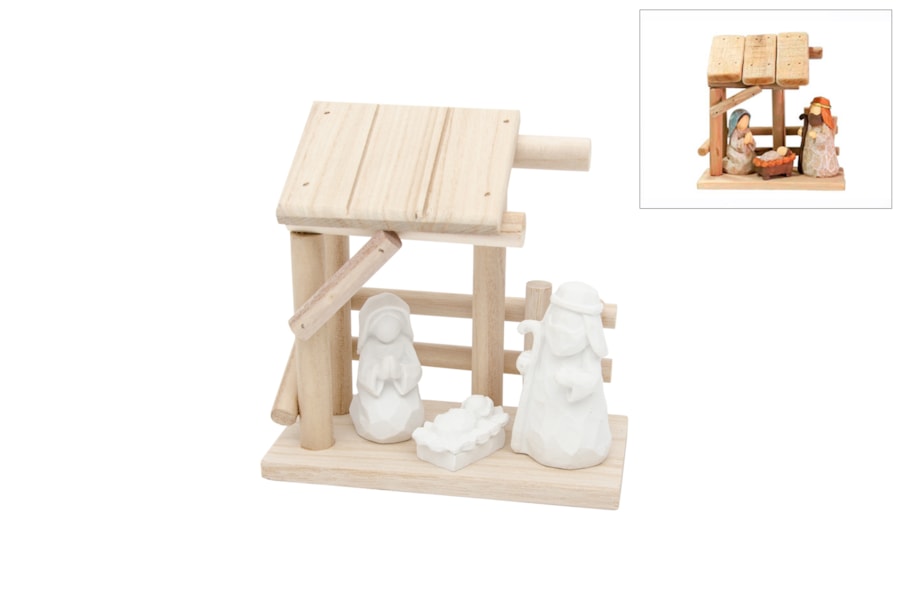 Stall mit Krippe (3-teilig)- polystone weiss - 16cm