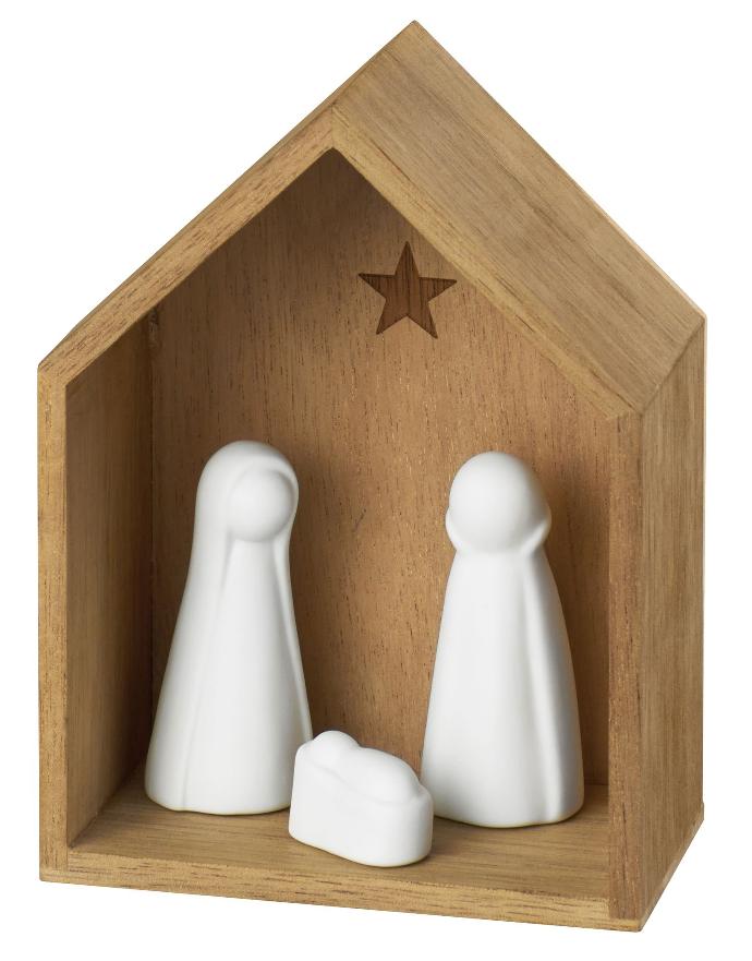 Little nativity set, acacia wood, manger including 3 porcela