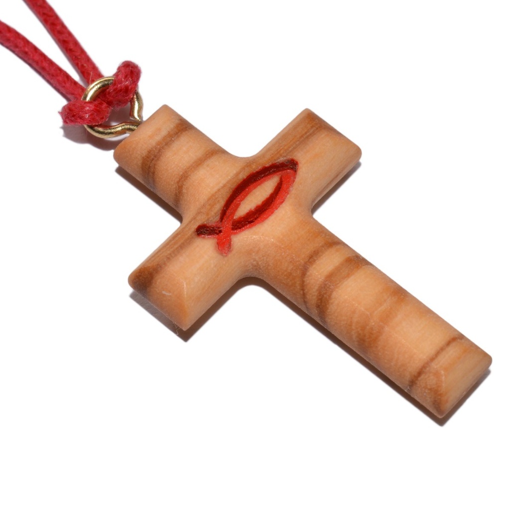 Olivenkreuz - Ichtus/rot (30x20mm)