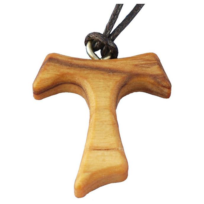 Croix TAU sur cordon - bois d'olivier (28x25mm)
