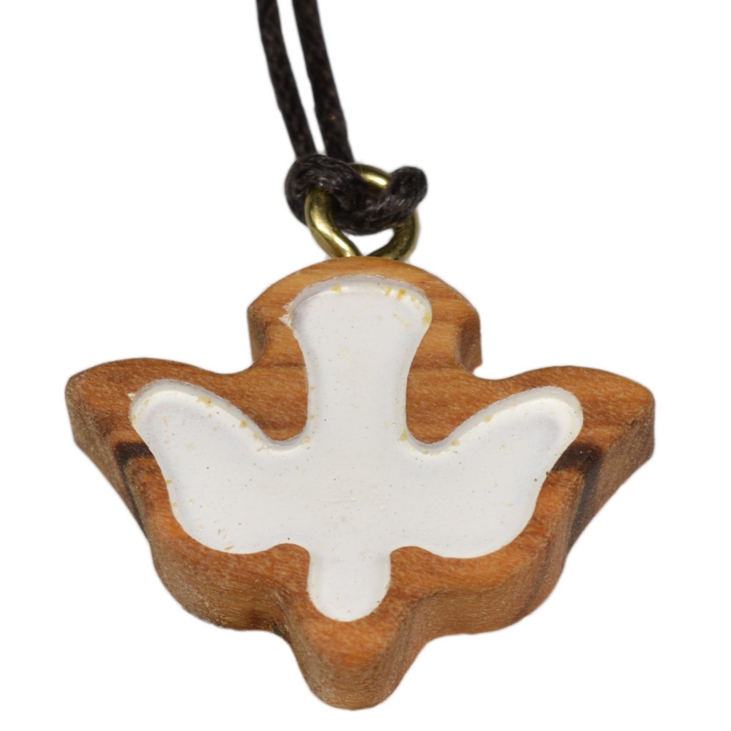 Pendentif colombe/blanc sur cordon - bois d'olivier - 18mm