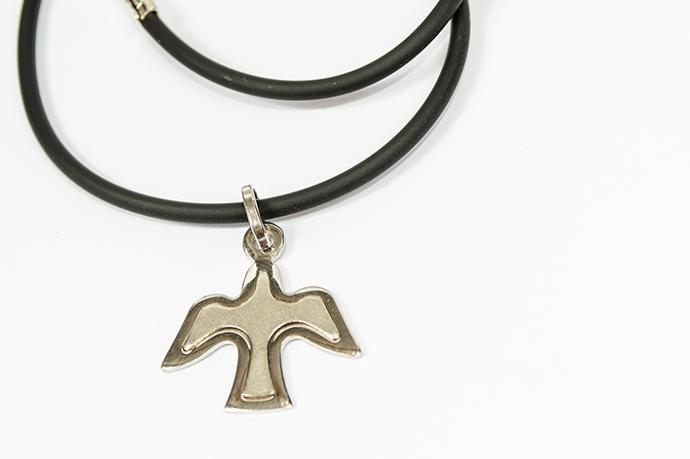 Rubberen ketting (42cm) met duif (20x20mm) - gerhodineerd zilver 925%