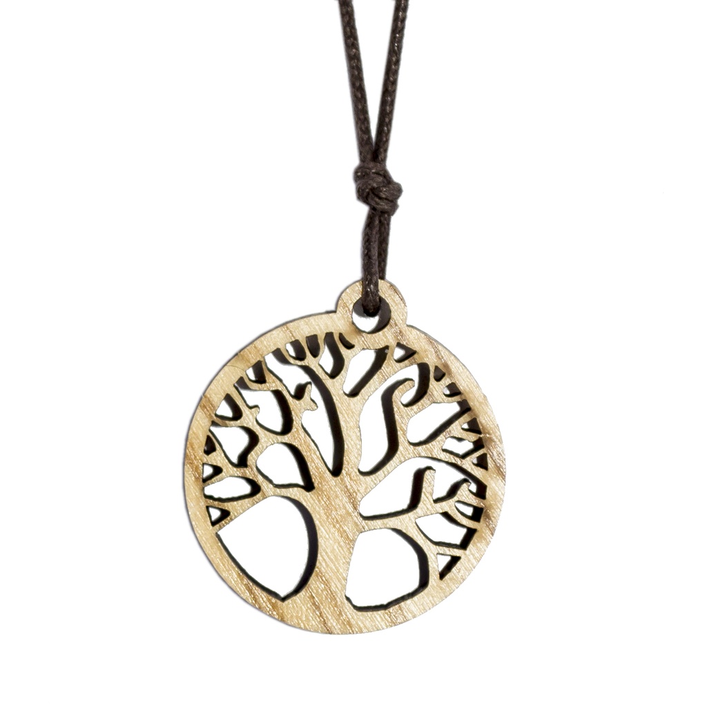 Pendentif Arbre de Vie sur corde - bois d'olivier (Ø26mm)