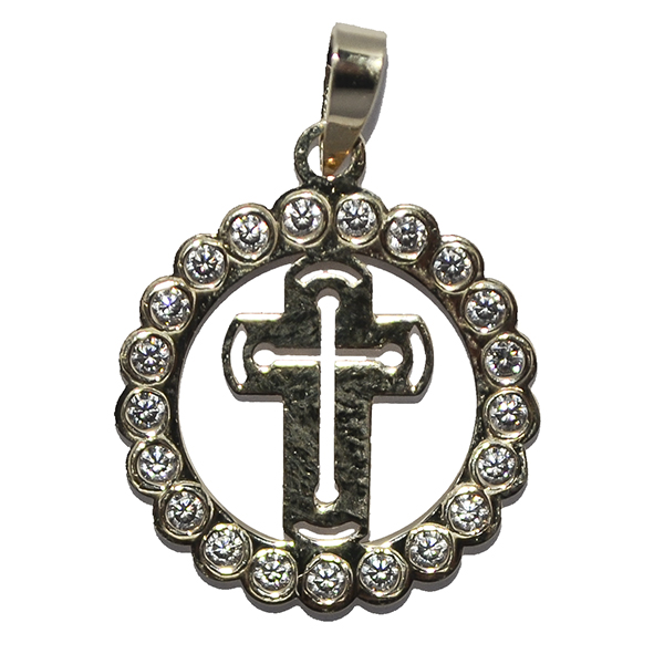 Medaille met kruisje/strass - goud 9Kt '375' - 15mm/0,5gr