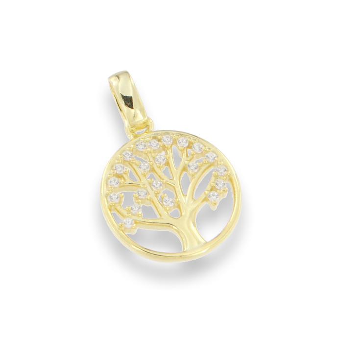 Pendentif Arbre de Vie (avec pierres de zircone) - argent 925‰ plaqué or 3μm (Ø14mm)