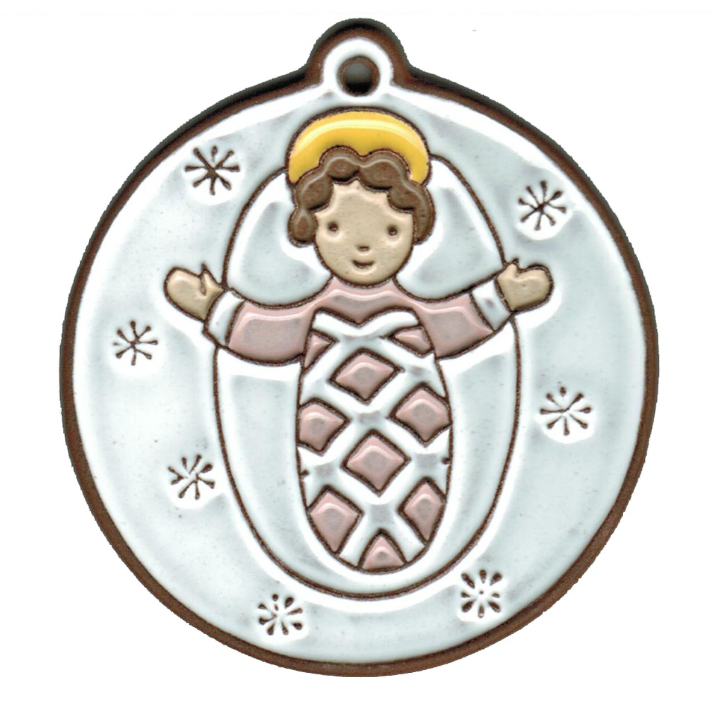 Médaillon berceuse Enfant Jésus/céramique - blanc/rose
