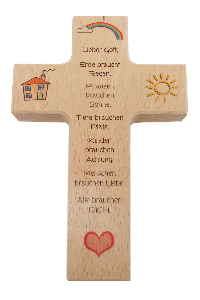 Kinderkruis 4 symbolen 'Lieber Gott' - hout (90x150mm)