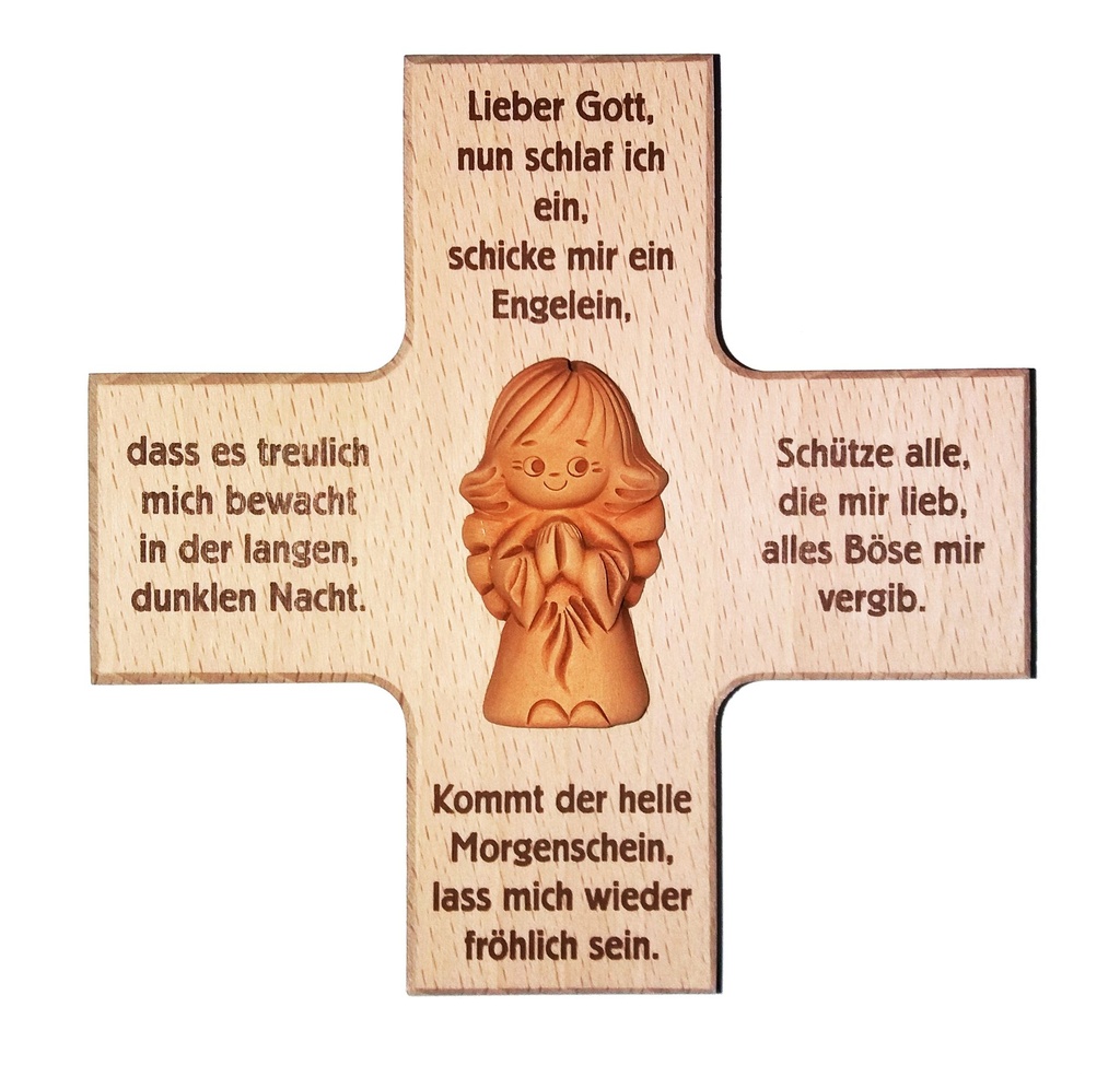 Kinderkruis terra-cotta engel 'Lieber gott' - hout (120x120mm)