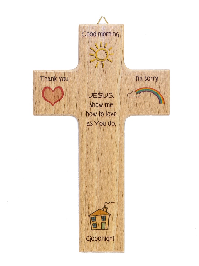 Kinderkruis 4 symbolen 'Good morning' - hout (90x150mm)