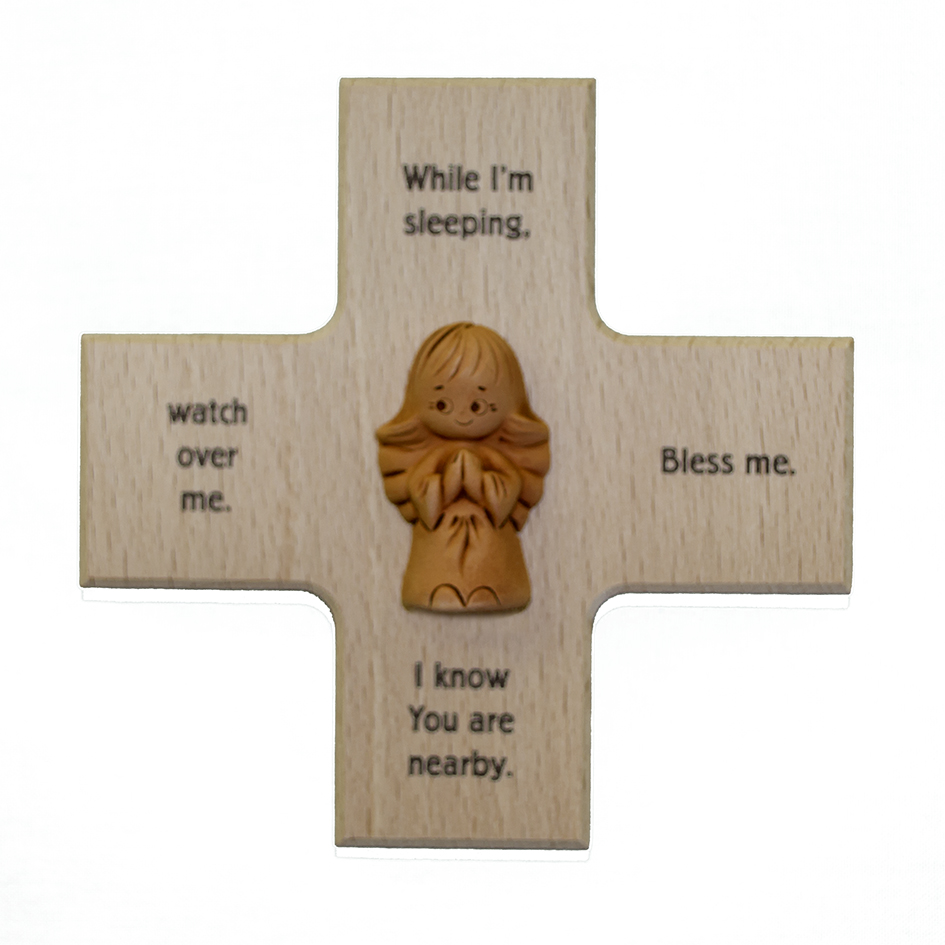Kinderkruis terra-cotta engel 'While I'm sleeping' - hout (120x120mm)