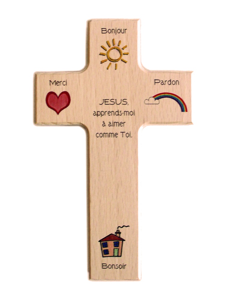 Kinderkruis 4 symbolen 'Bonjour' - hout (90x150mm)