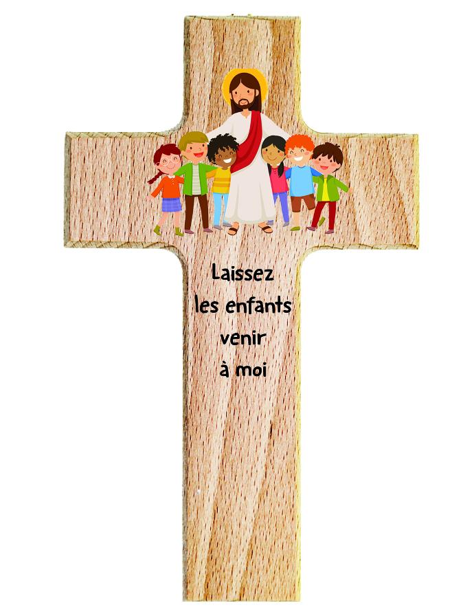 Croix enfant bois - 'Laissez les enfants venir … moi' (90x150mm)