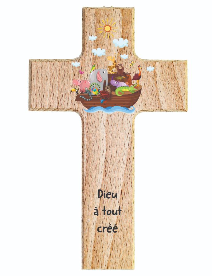 Croix enfant bois - 'Dieu a tout créé (90x150mm)