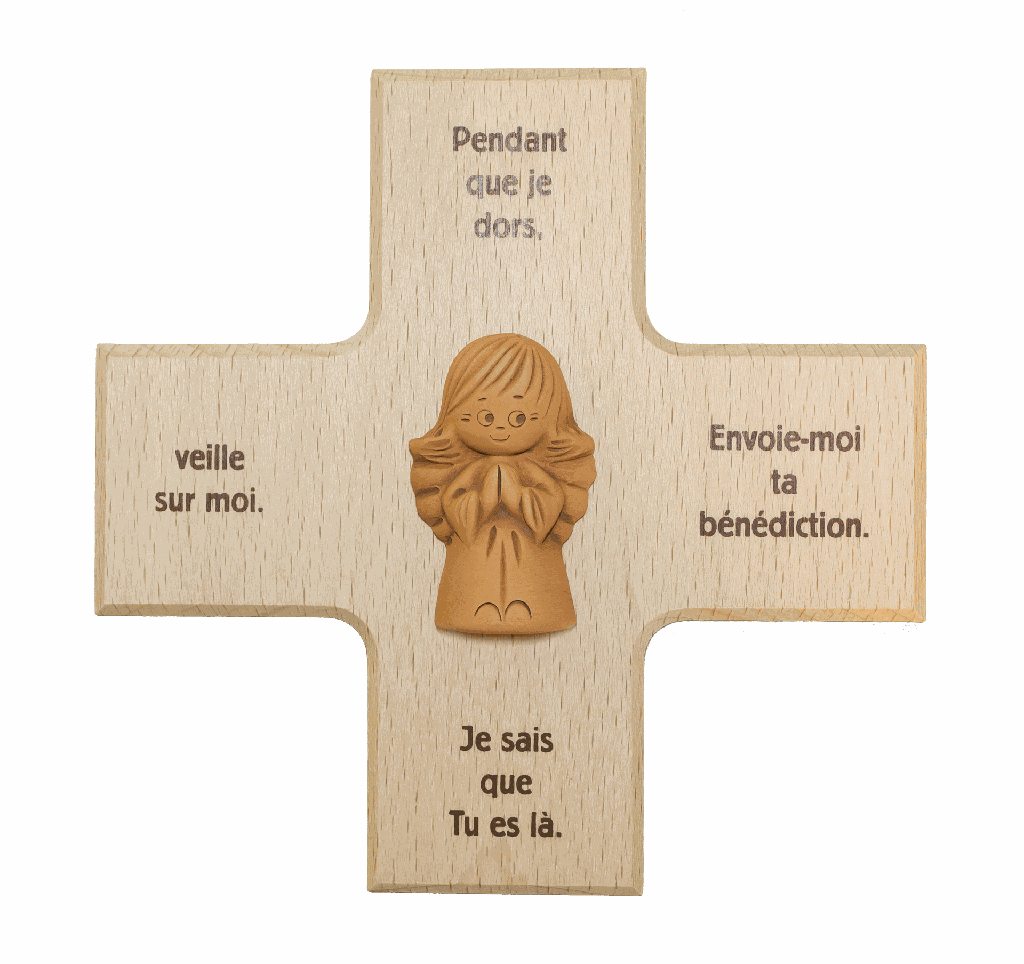 Kreuz mit Engel, Text Französisch (120x120mm)