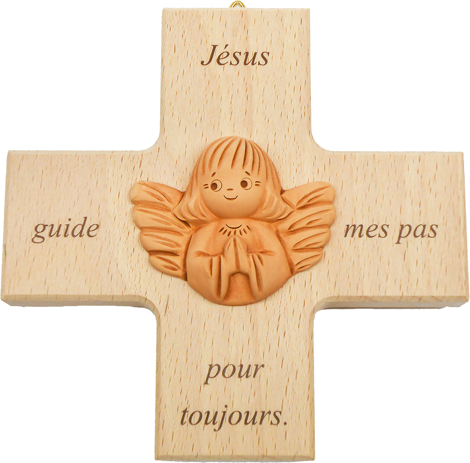 Kinderkruis/terra-cotta engel 'Jésus guide mes pas' - hout (120x120mm)