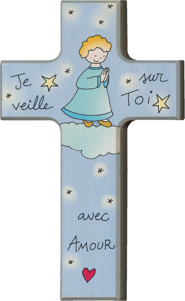 Holzkreuz - Buche natur - Farbdruck 'Je veille (90x150mm)