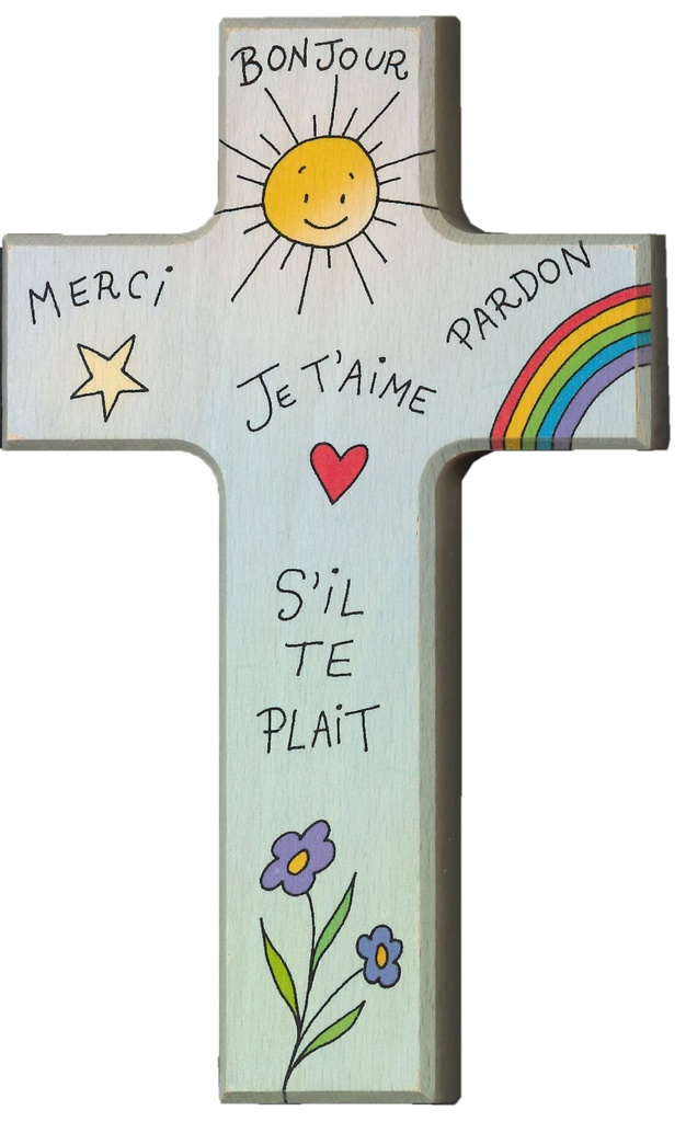Kinderkruis hartje 'Bonjour, merci, pardon' - hout (90x150mm)