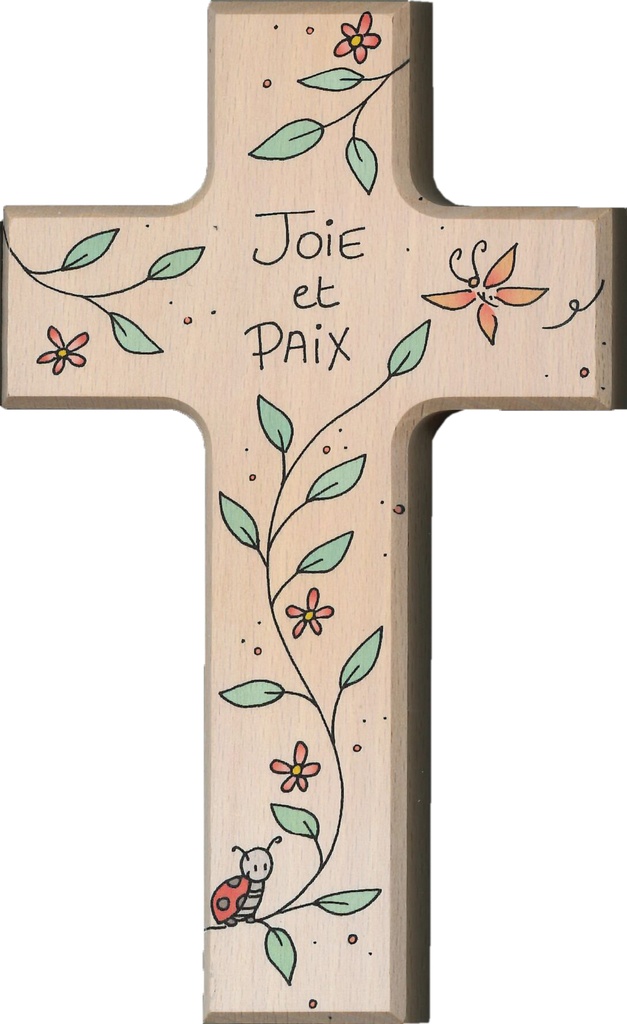 Croix murale fleuri 'Joie et Paix' - bois (90x150mm)