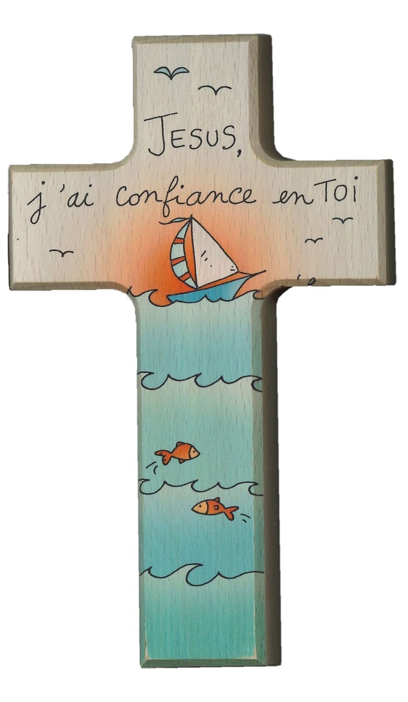 Holzkreuz - Buche natur - Farbdruck - 'Jésus, j'ai ... (90x150mm)