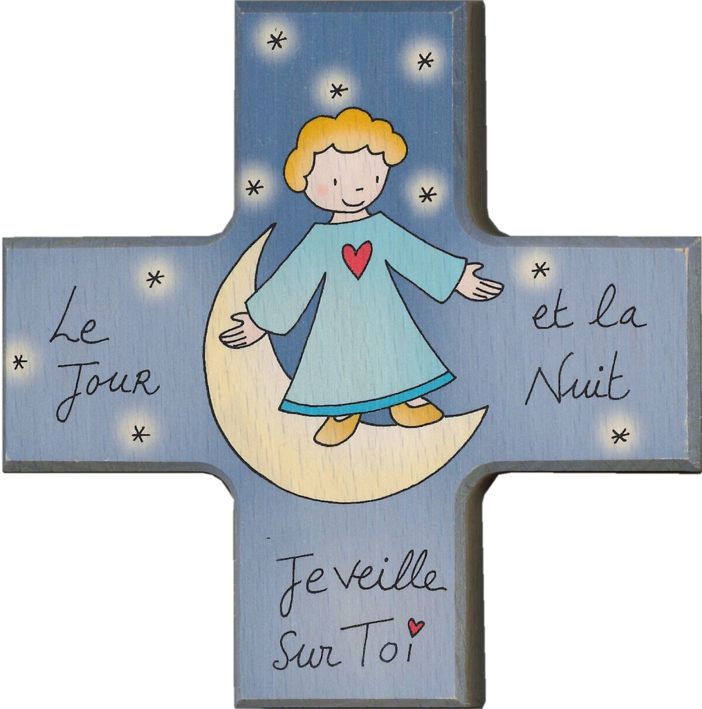 Kinderkruis engel en maan 'Le jour et la nuit'  - hout (120x120mm)