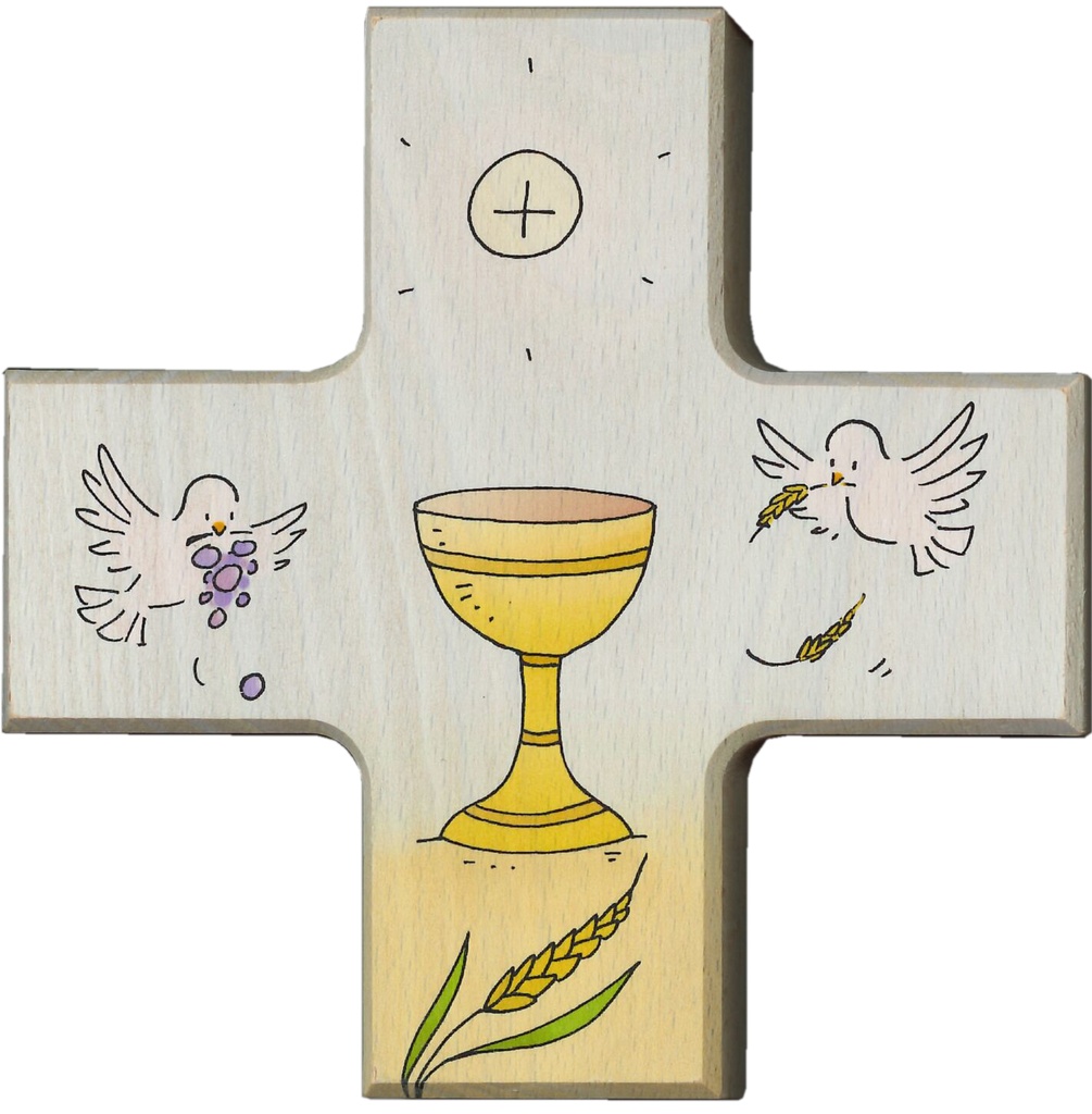 Croix murale 4 symboles Communion - bois (120x120mm)
