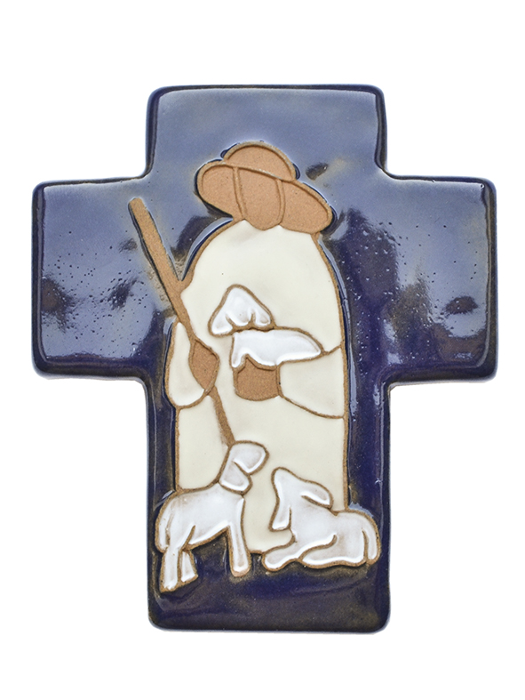 Croix céramique - Bon berger - bleu foncé (90x110mm)